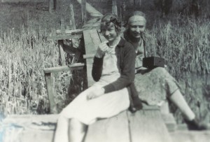Ruth, left, and Eleanor Bauer, right, sit on a bridge over Hosbrook Pond in the early 1930s.