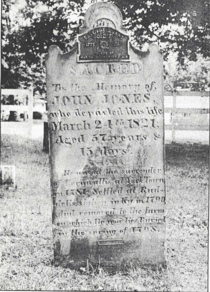 The tombstone of Madeira pioneer John Jones tells of his service in the Revolutionary war.